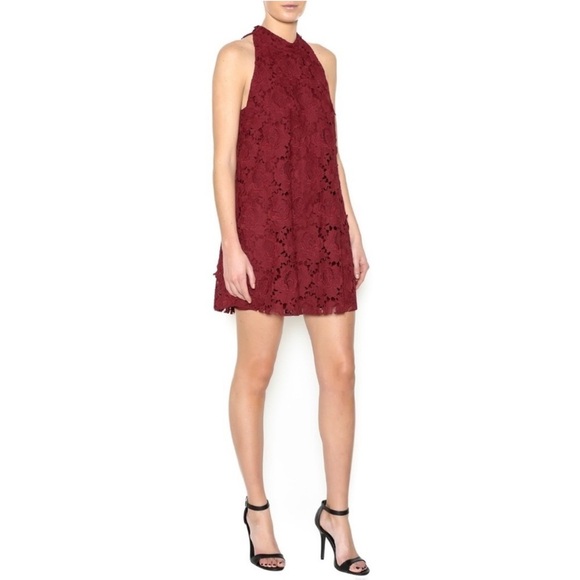 Lovers + Friends Lily High Neck Floral Lace Mini Dress in Wine Red - Picture 1 of 14